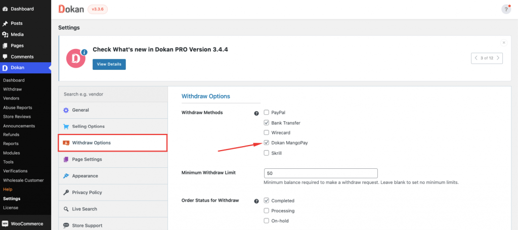 Enable withdraw option for Dokan mangopay payment gateway