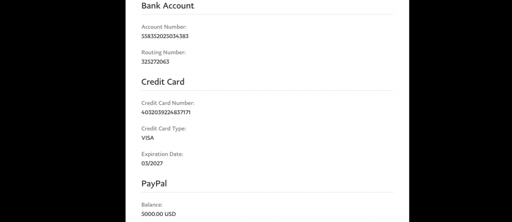 Credit card information of your Sandbox account