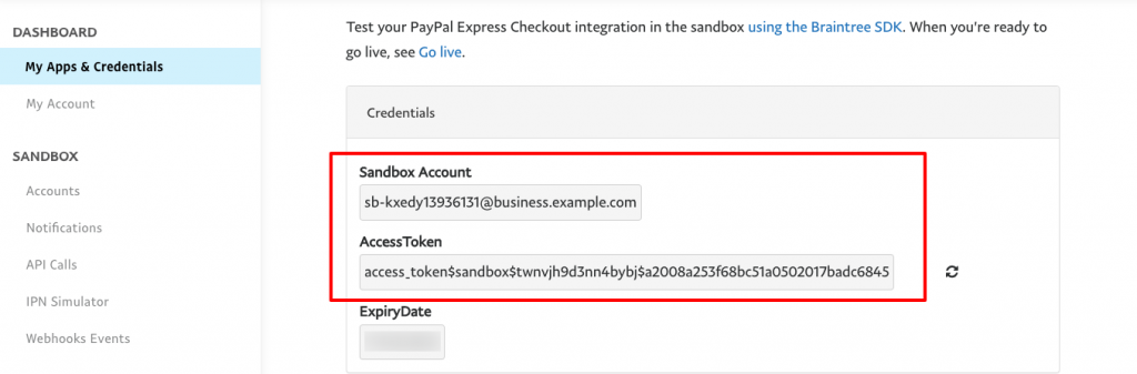 Your sandbox account credential