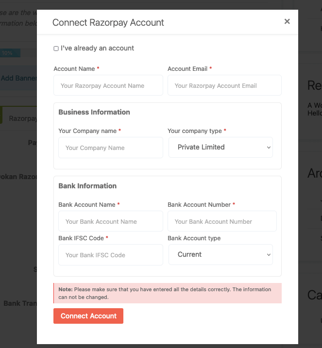 this is a screenshot of connect razorpay account pop-up