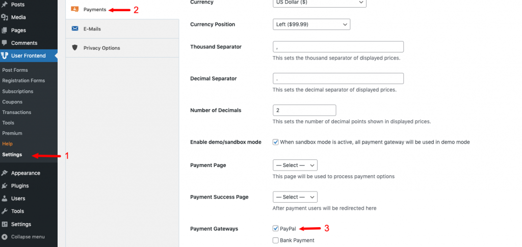 Select paypal payment gateway