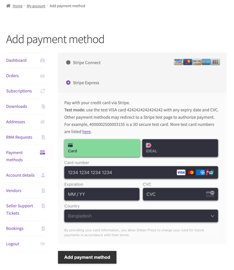 Change payment method from my account page