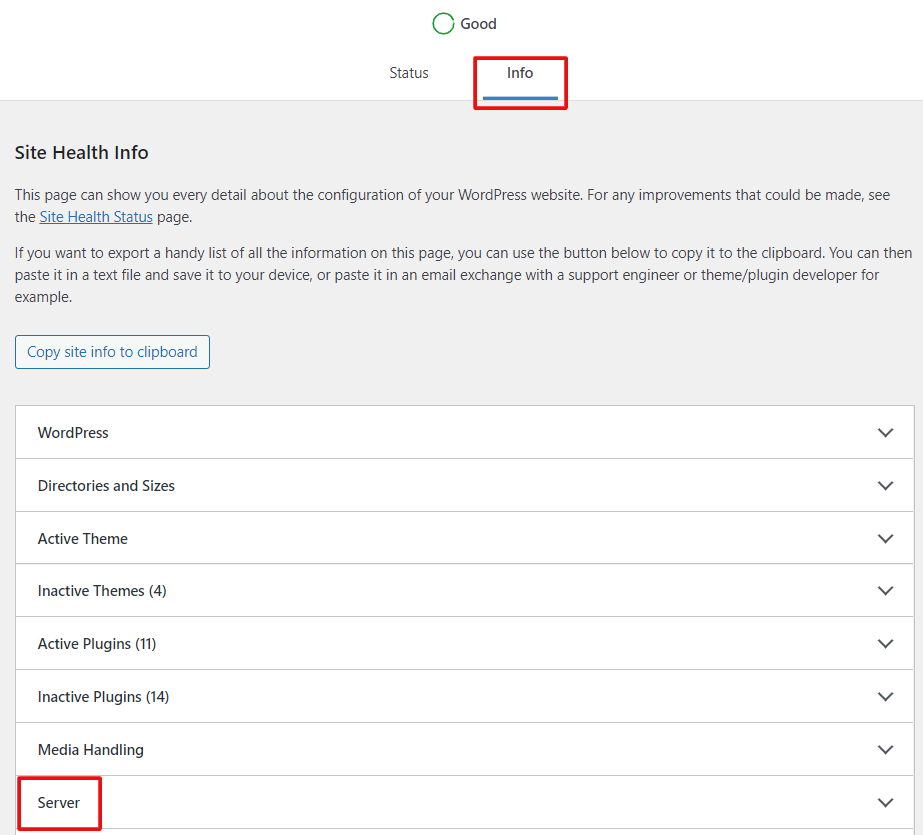 wordpress site health info