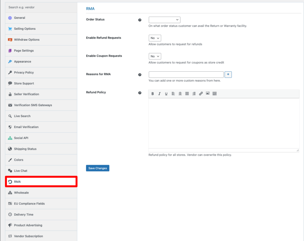 RMA Overview of Dokan settings