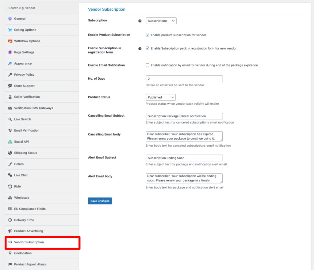 Vendor Subscription Overview of Dokan settings