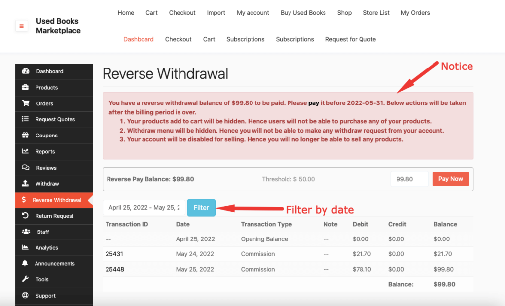 this is a screenshot of the reverse withdrawal menu dashboard