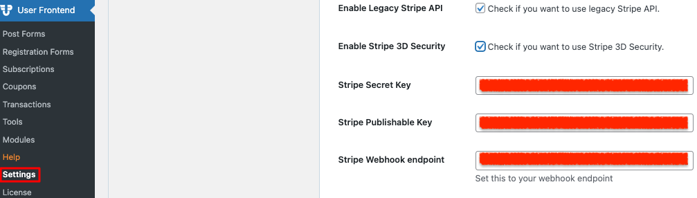 Settings of Stripe Payment