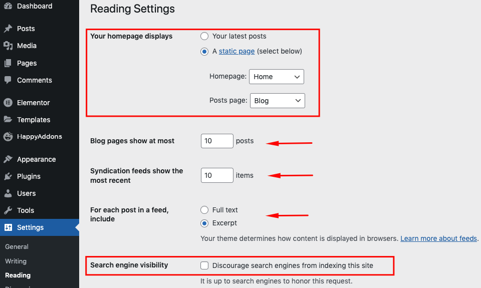 Setting up the WordPress general reading options 