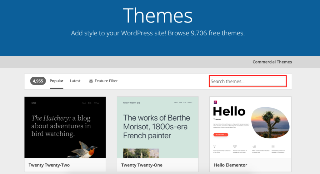 Showing the search bar of the WordPress Themes -how to create a website for free