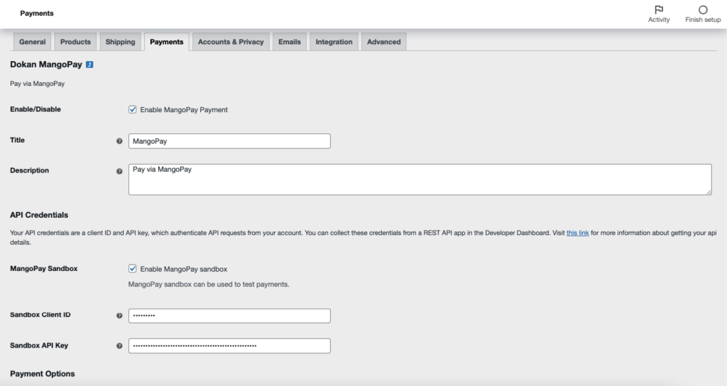 WooCommerce payments section for Dokan mangopay payment gateway