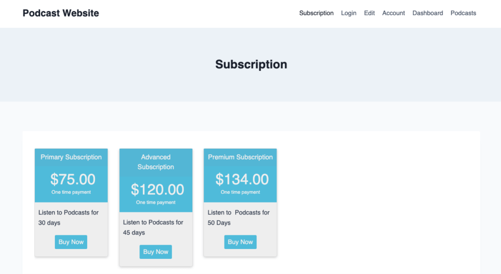 A screenshot of the website containing Subscription packages for your users