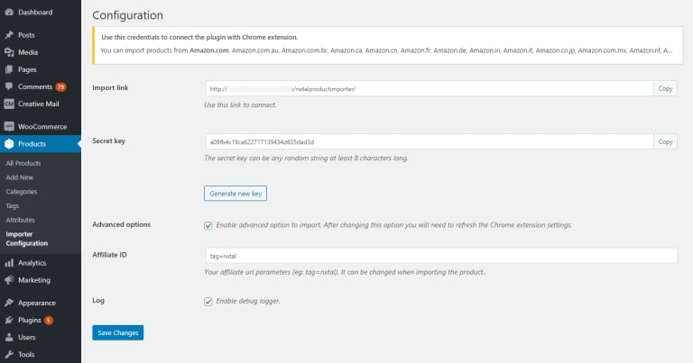 A screenshot showing how to configure amazon product importer