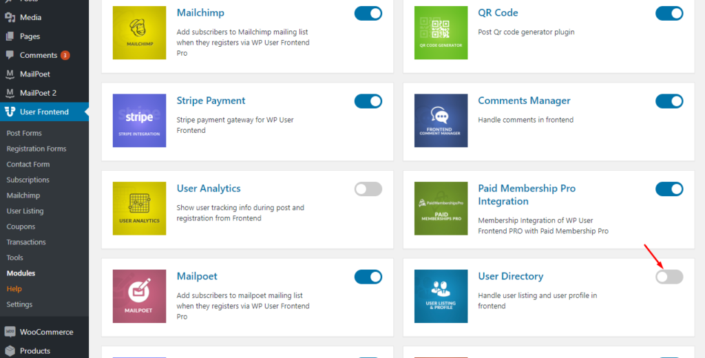 An example of how to turn on the User Directory module of WP User Frontend Pro plugin