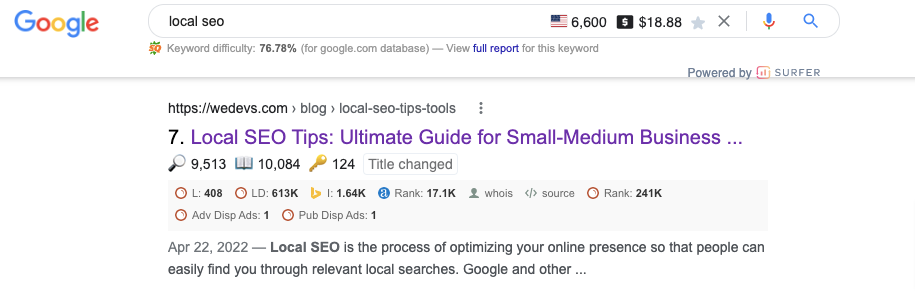 Image of Local SEO search result 