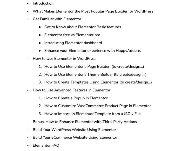 How to use elementor content outline