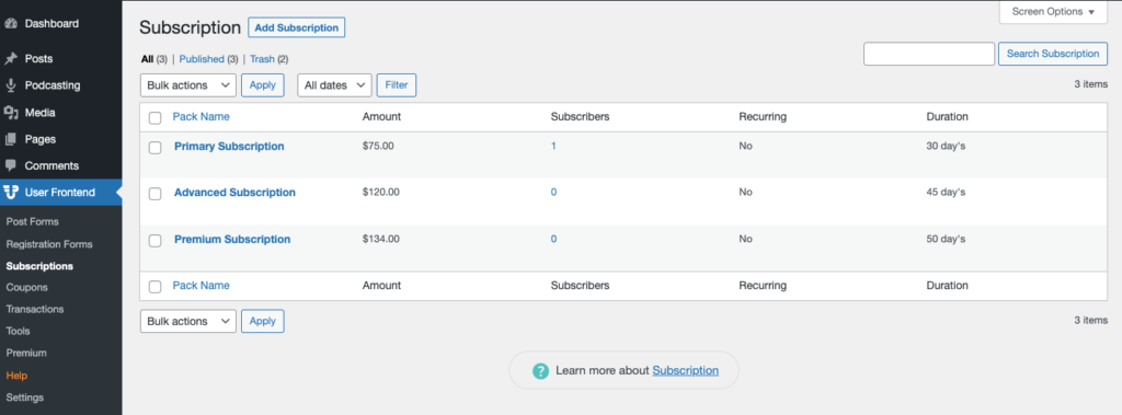 A screenshot on how to Publish subscriptions packages_How to Start a Podcast Website