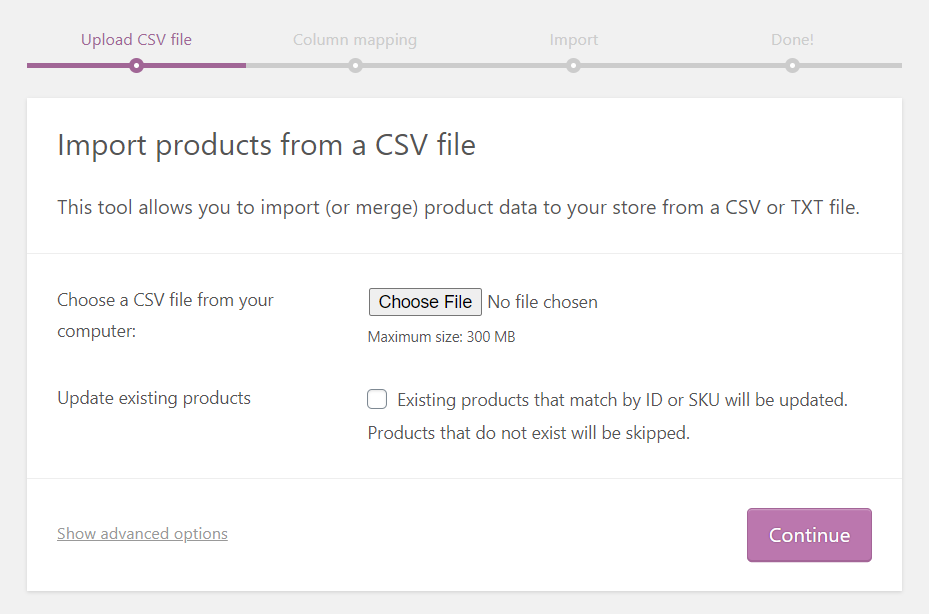 Upload CSV file to import product data in bulk