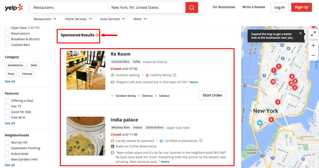 This is an example of Yelp website to show how they are using "Sell Directory Listings" strategy. 