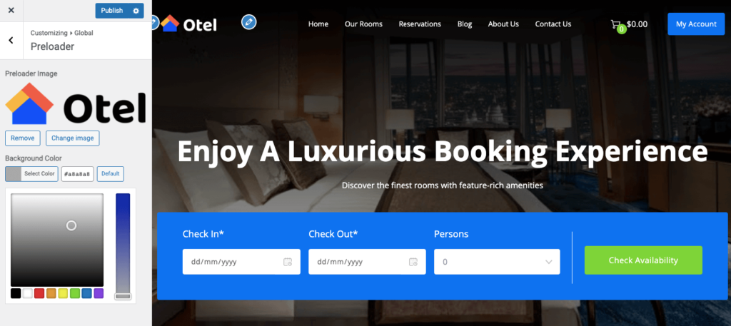 This image shows background color settings of the Otel WordPress theme for hotel booking