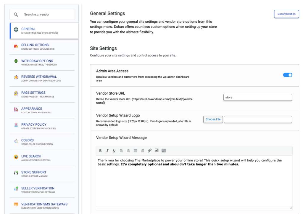 This is a screenshot of Dokan plugin that shows the general settings of Dokan. 