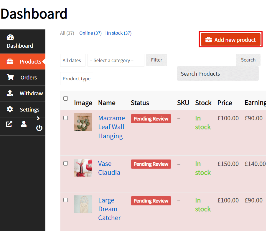 add new product from vendor dashboard