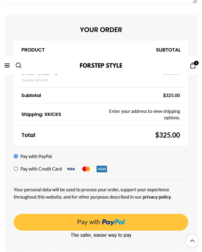 A screenshot for Forstep Style order