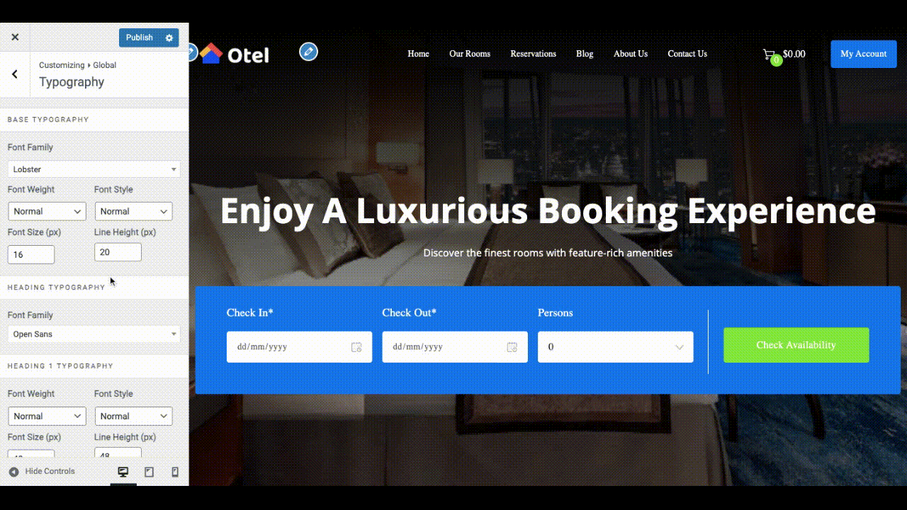 A gif file that shows typography settings of the Otel WordPress theme for hotel booking