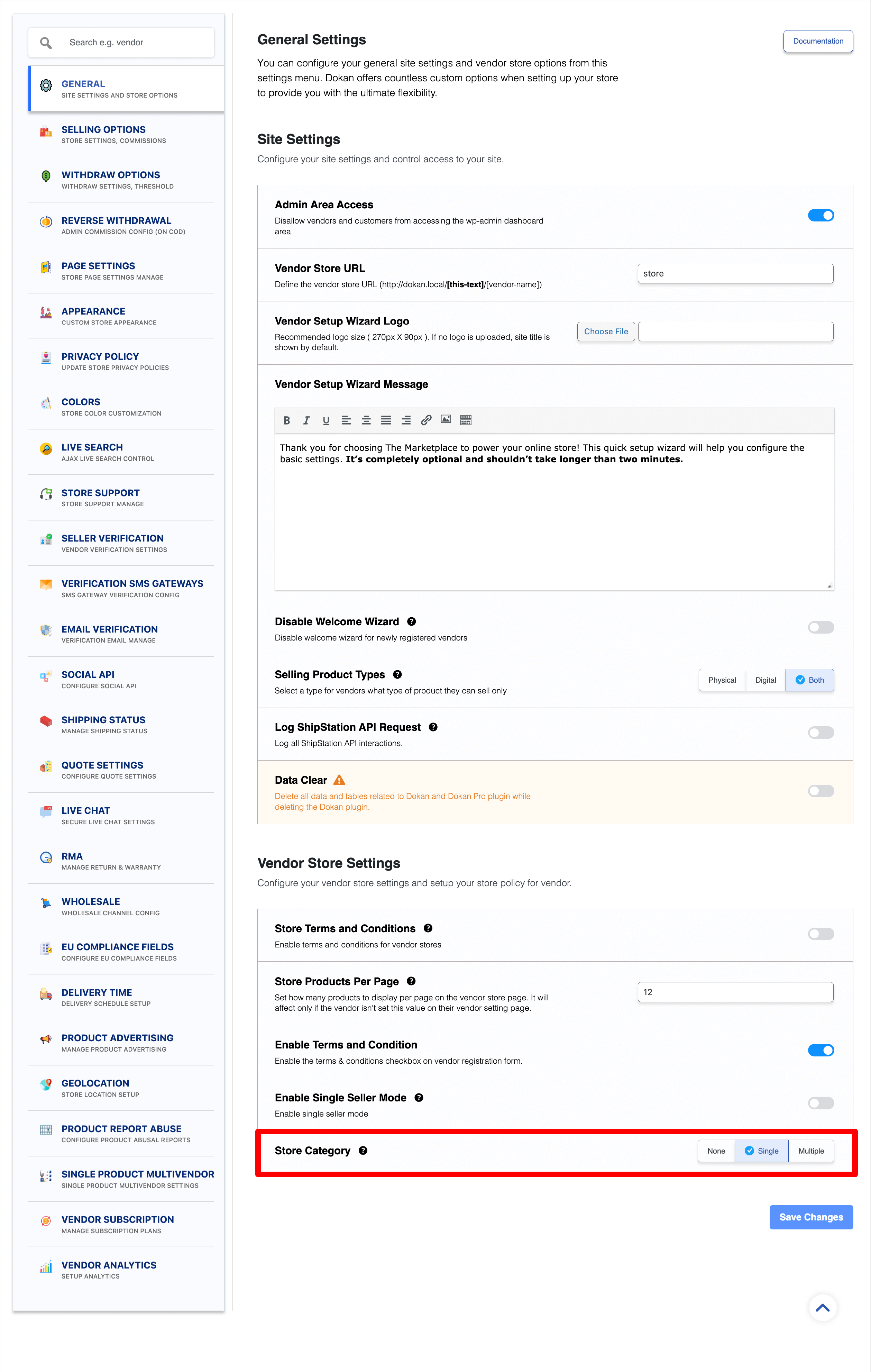 Categoria da loja do fornecedor