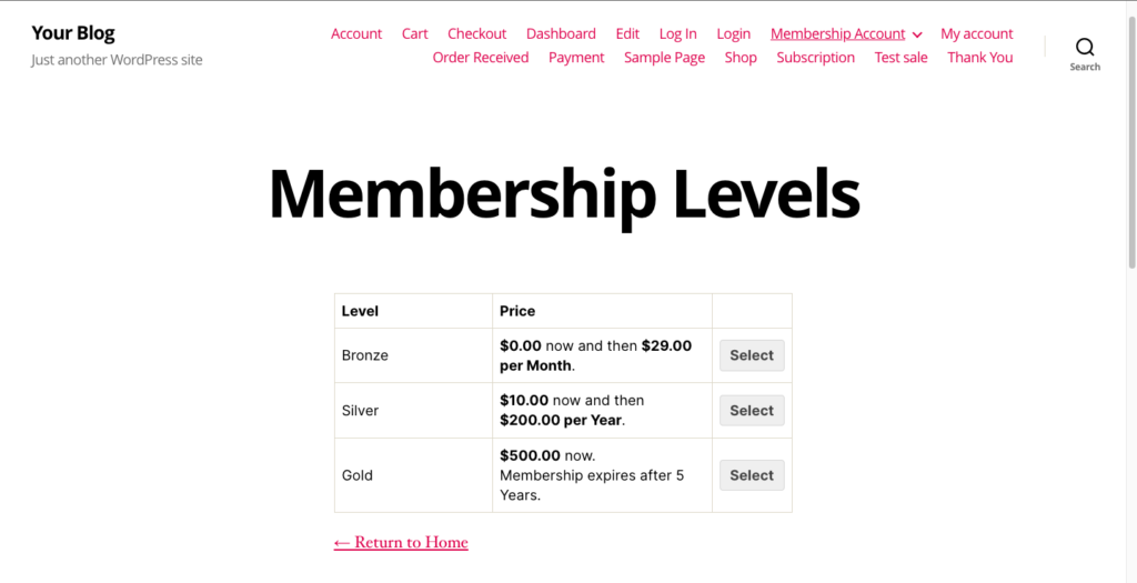 frontend view of a Membership Levels page