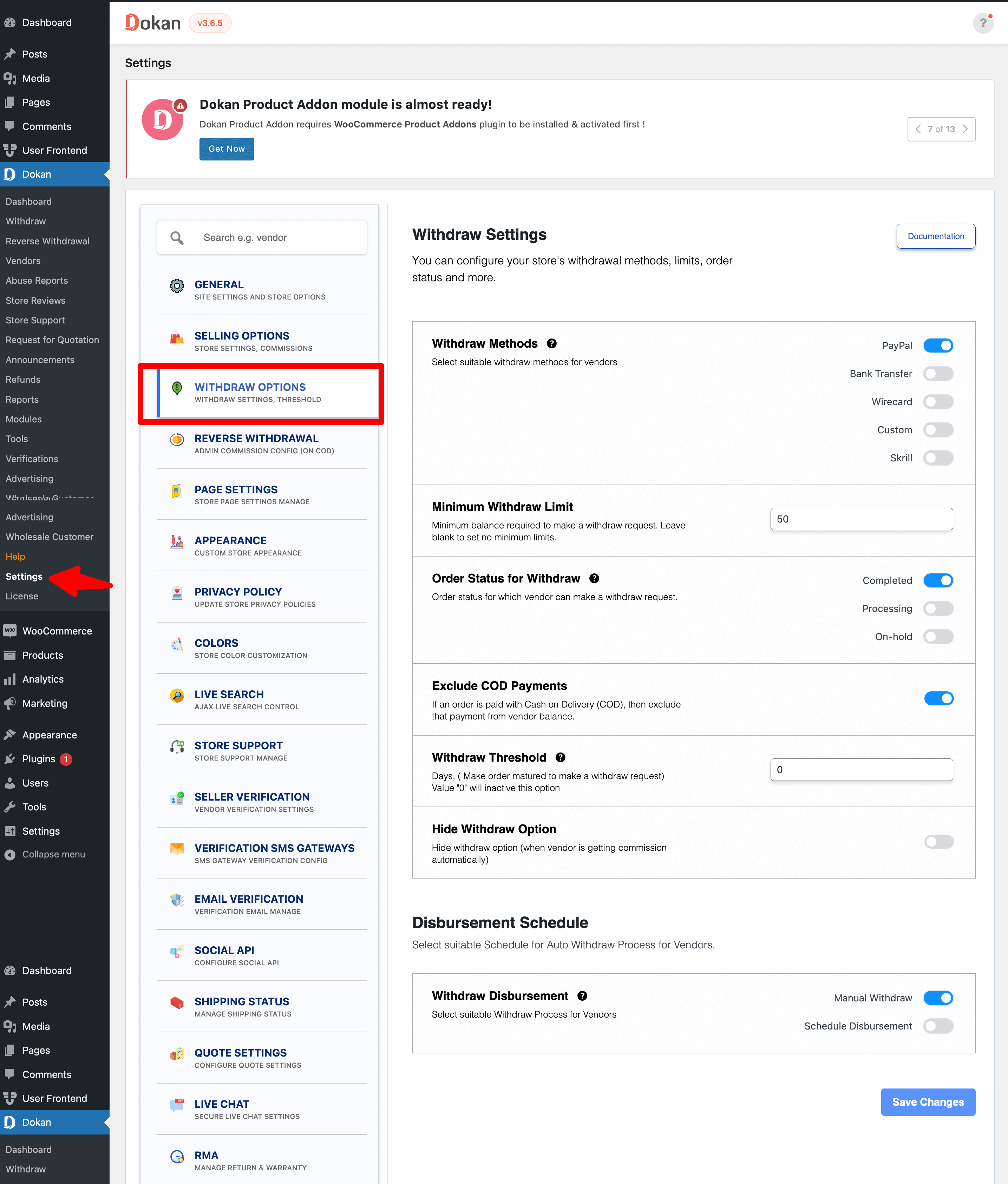 This image shows Dokan withdraw option