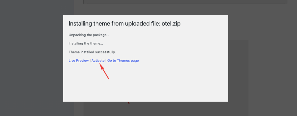 A screenshot that shows where to click to activate the theme.