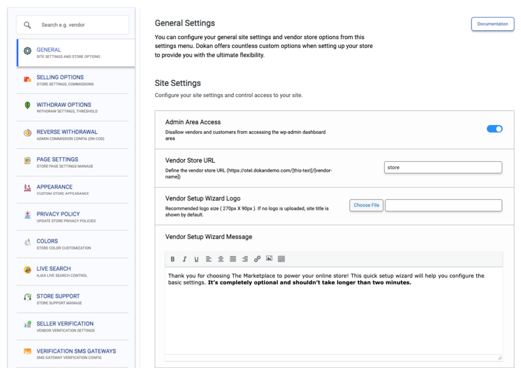 An screenshot for Dokan marketplace plugin general settings