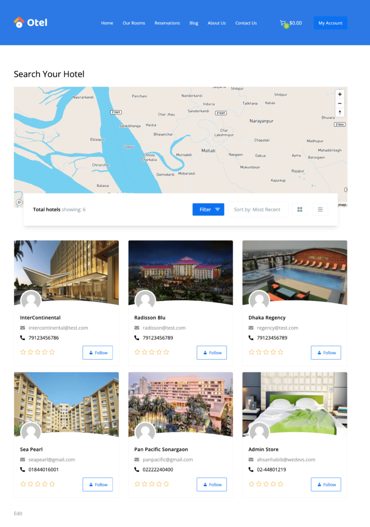 This screenshot shows the overview of a hotel booking website