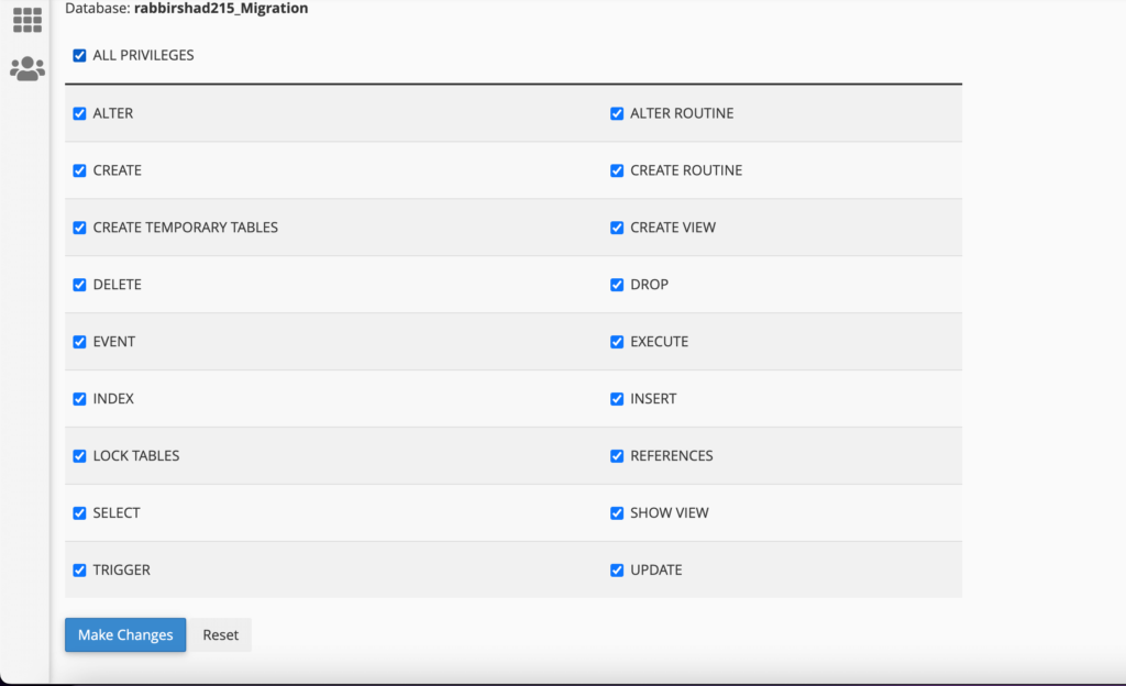 A screenshot of giving All privileges for database modification