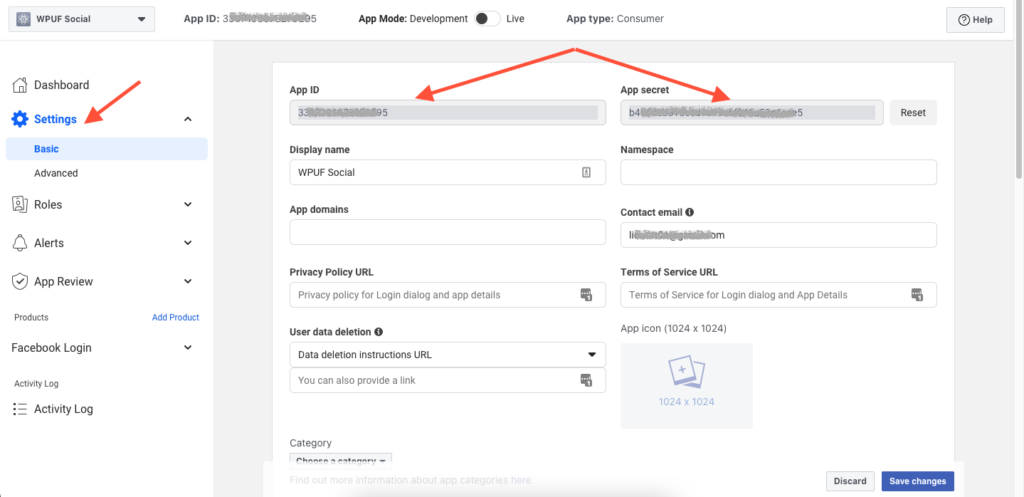 App ID and App Secret in the Facebook Developers Dashboard