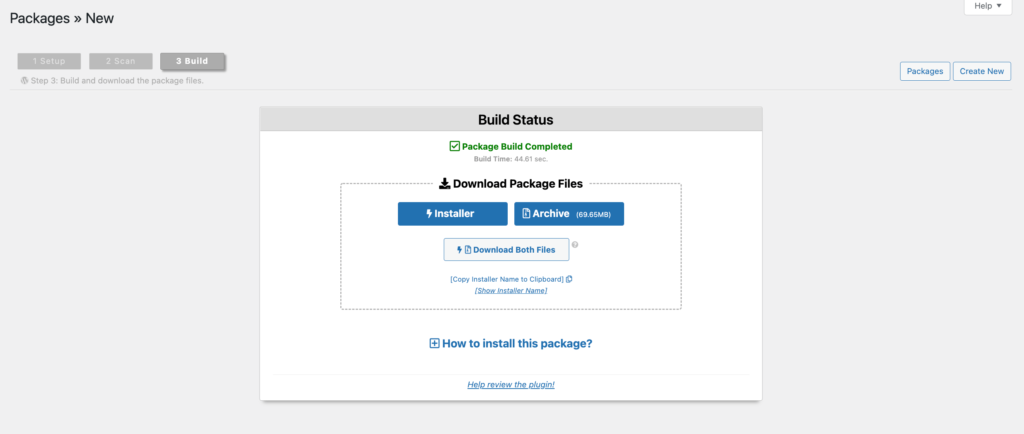 A screenshot of WordPress Duplicator plugin Build Complete