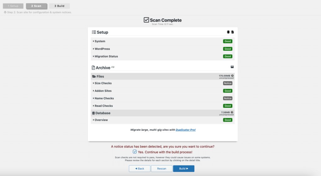 A screenshot of WordPress Duplicator plugin Checkmark