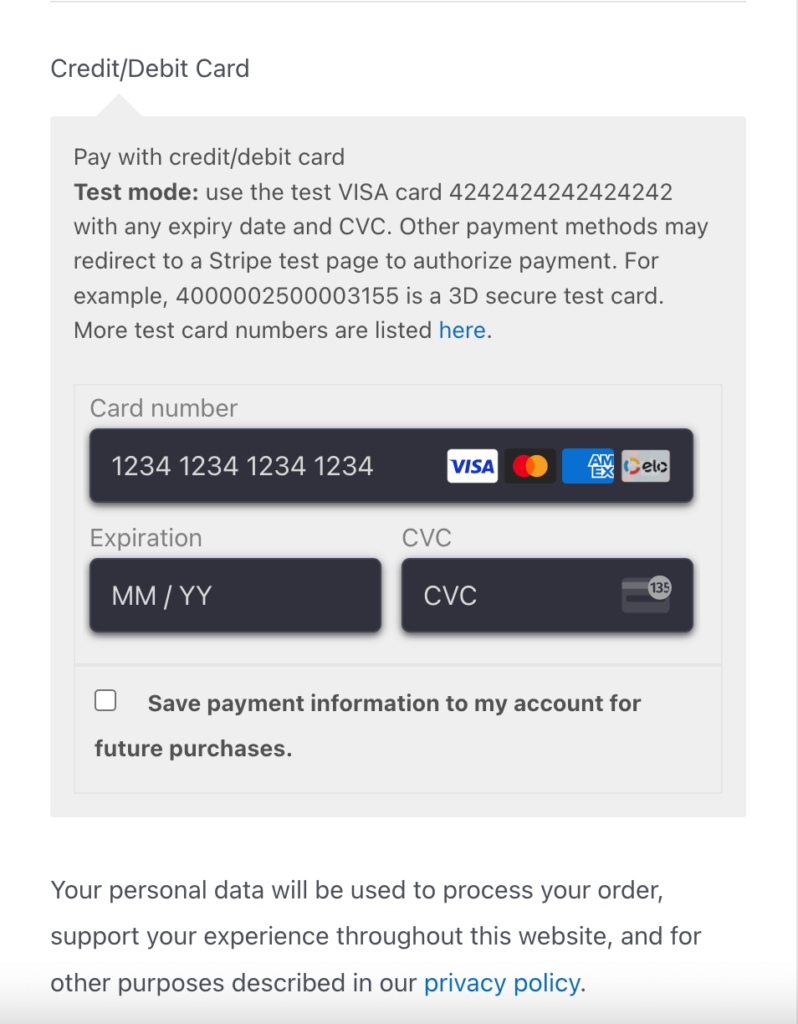 This is a screenshot of the Stripe Express Checkout page ui
