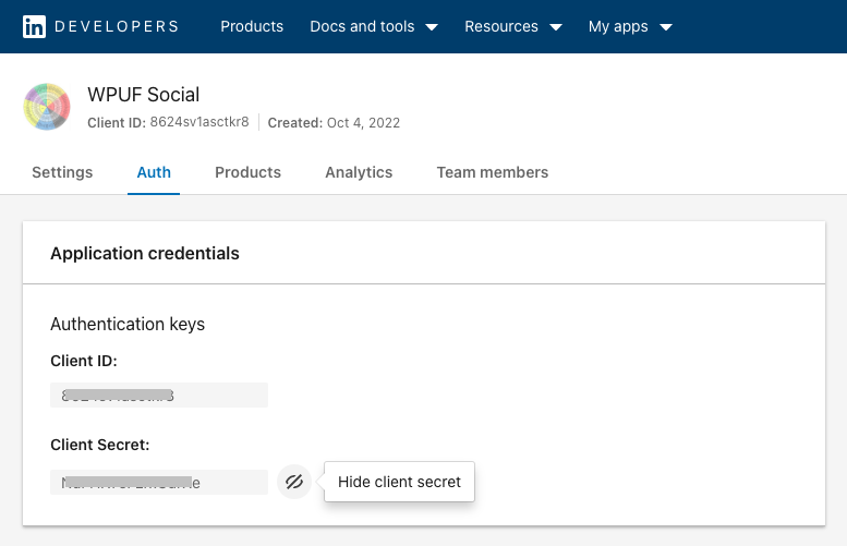 Client ID & Client Secret in the Auth tab - LinkedIn Developers dashboard