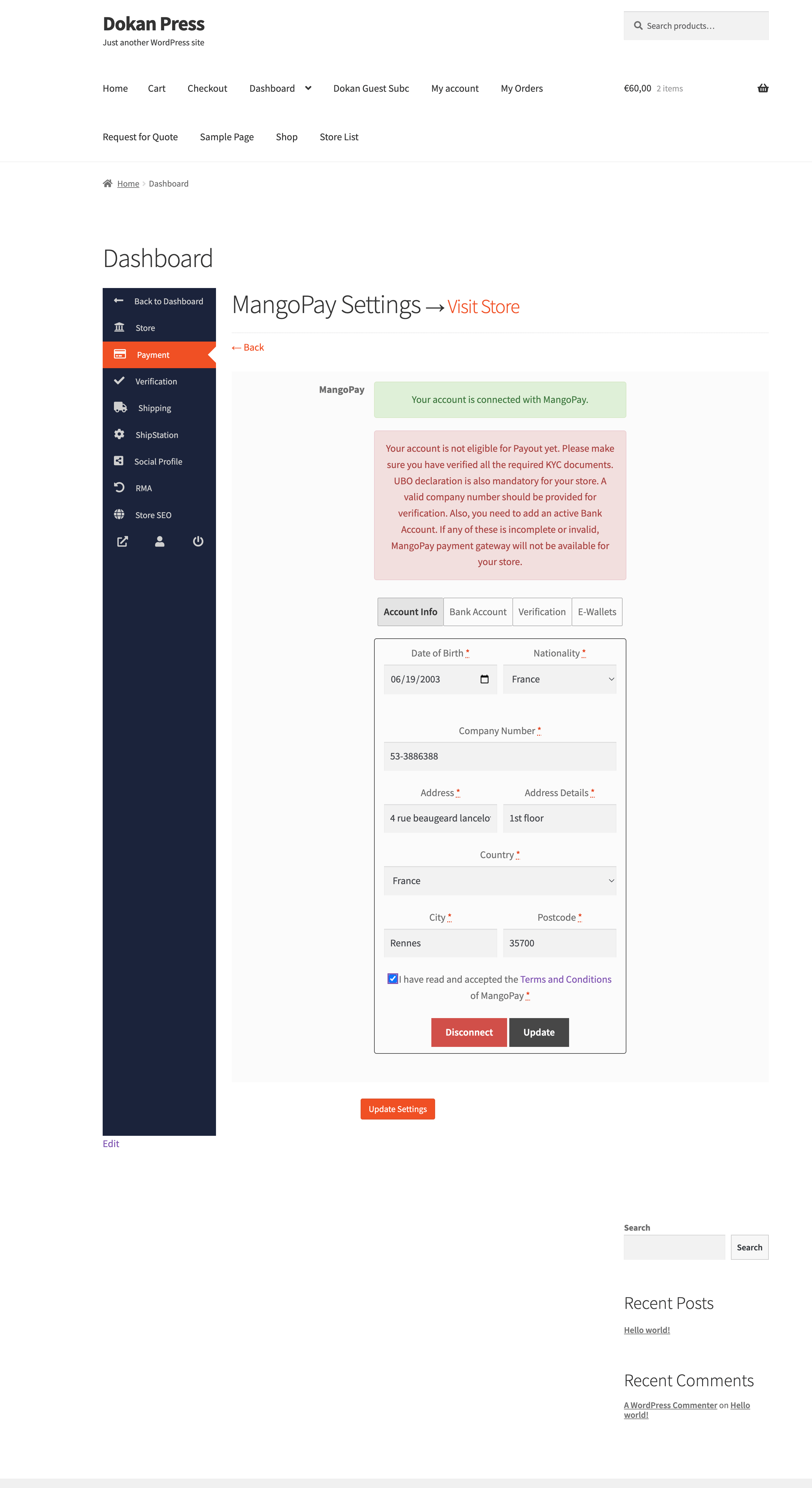 this is a screenshot of Connected to Mangopay eligible