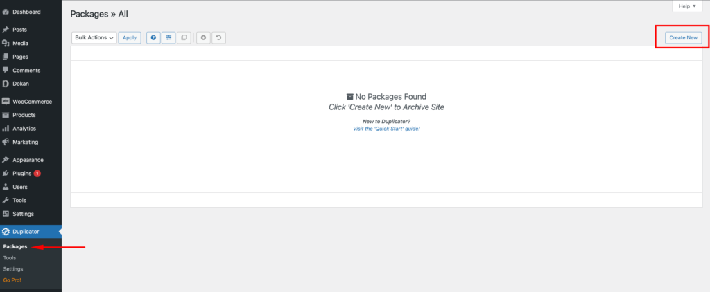 A screenshot of Creating New Package using the WordPress duplicator plugin