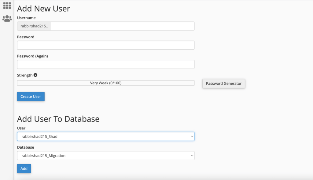 A screenshot of Creating and Adding New User from cPanel