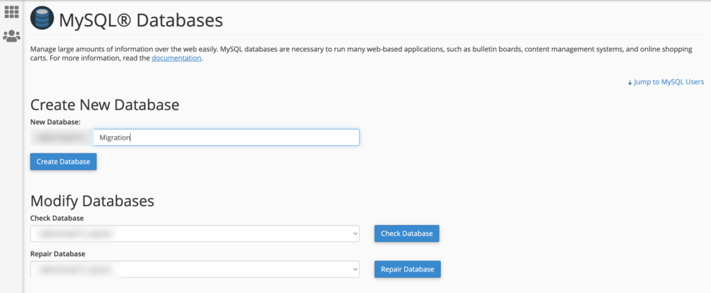 A screenshot of Creating new database from cPanel