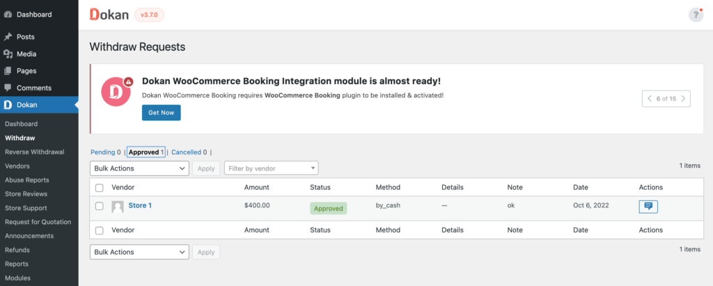 this is a screenshot of Dokan withdraw requests approved