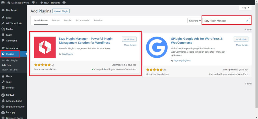 Install Eazy Plugin Manager from WordPress