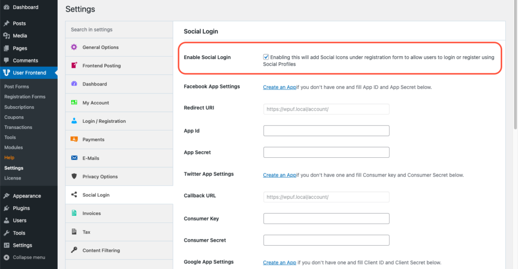 Enable Social Login - WP User Frontend Settings page