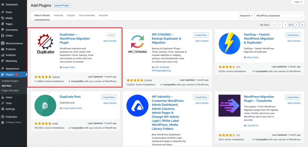 A screenshot of Installing and activating the WordPress Duplicator plugin from WordPress dashboard