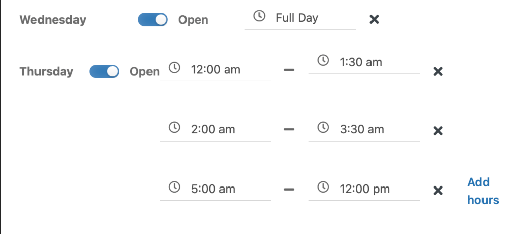 This image shows how to add multiple opening and closing hours 