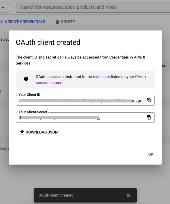 Google OAuth client created - Client ID, Client Secret