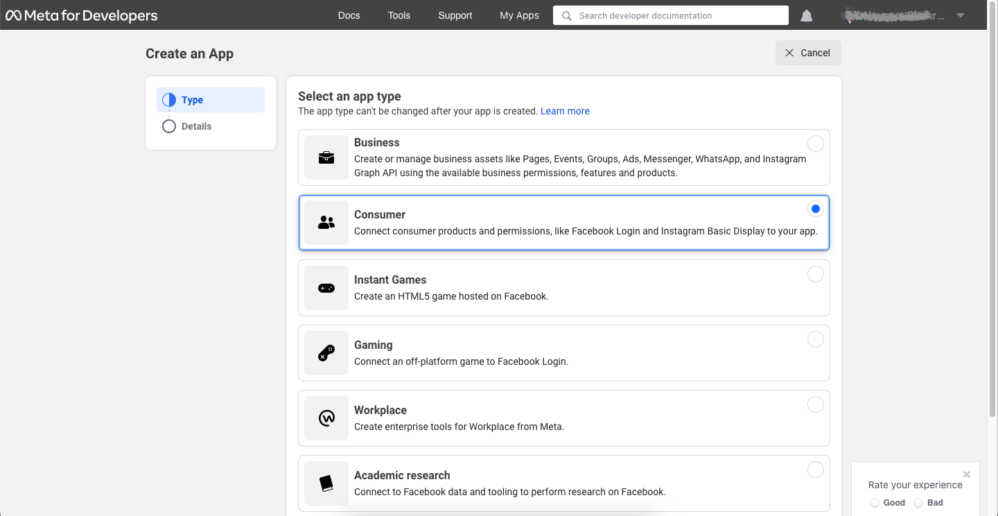 select the Consumer app type - Meta for Developers Dashboard